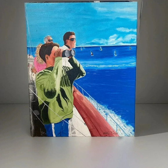 VTG Original Oil Painting on Canvas Signed By Gary Pierre Family Boat On Ocean